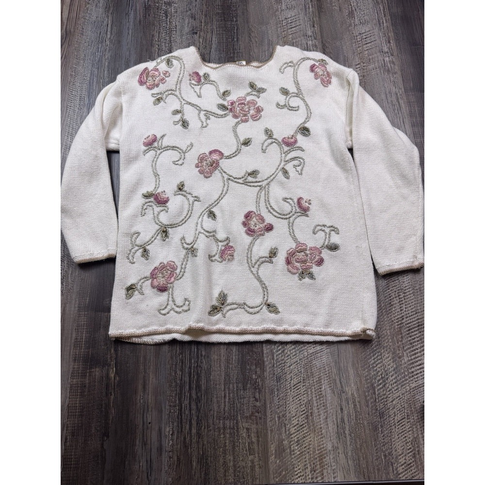 VTG Heirloom Collectibles Sweater Womens Medium Ivory Floral Flowers Embroidered